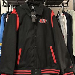 Men’s New Era NFL San Francisco 49ers Varsity Wool Button Up Jacket “ Black/Red “ Size XL