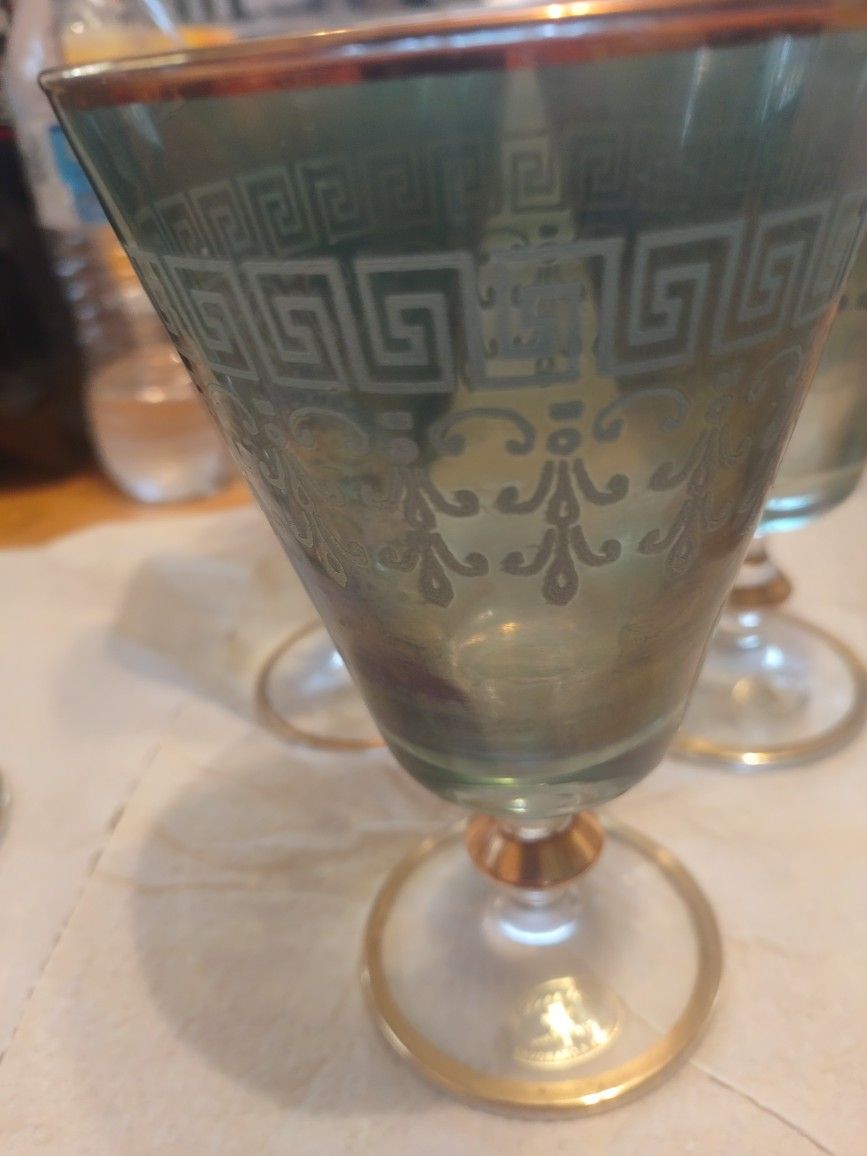 3 Long Stem Turquoise gold Trim Glasses Made In Italy