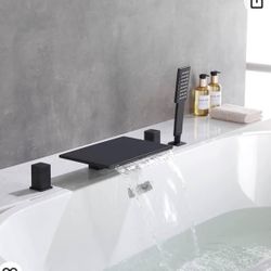 Waterfall Bathtub Faucet Set with Hand Shower, 9 Inch Matte Black Deck Mount Roman Tub Filler Faucet