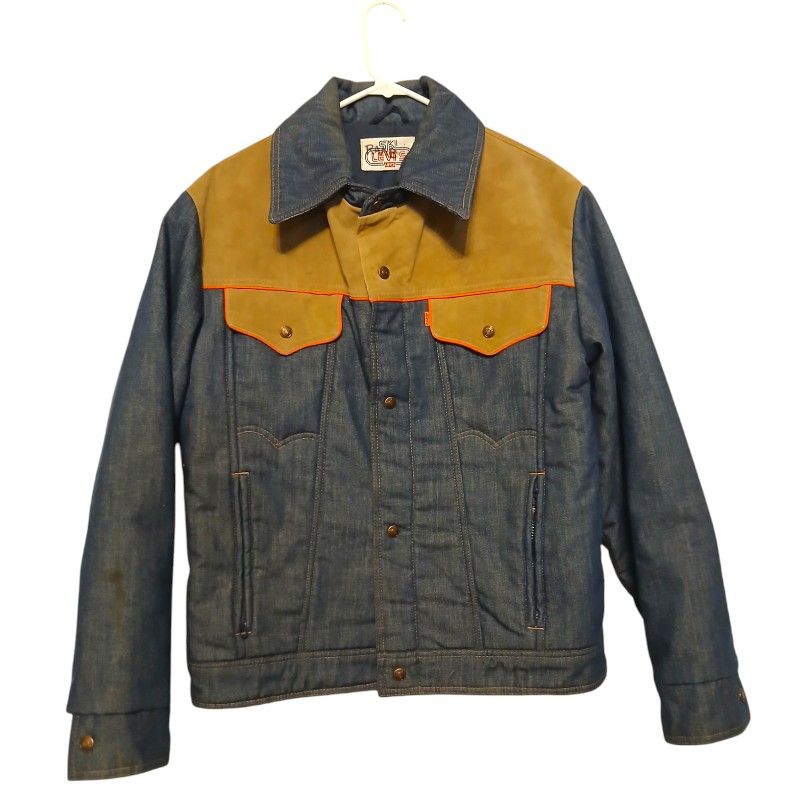 1970s Men's Vintage Ski Levi's XL Heavyweights Denim Snap Button Jacket