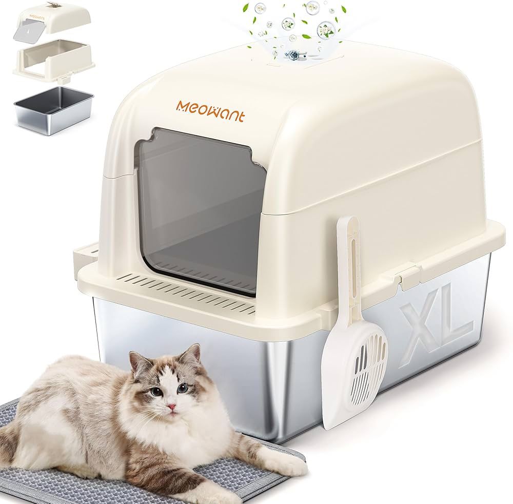 Meowant Stainless Steel Cat Litter Box, Extra Large 3-in-1 Enclosed/Open Top Metal Litter Box with Lid, Odorless Cat Litter Pan with High Sides for Bi