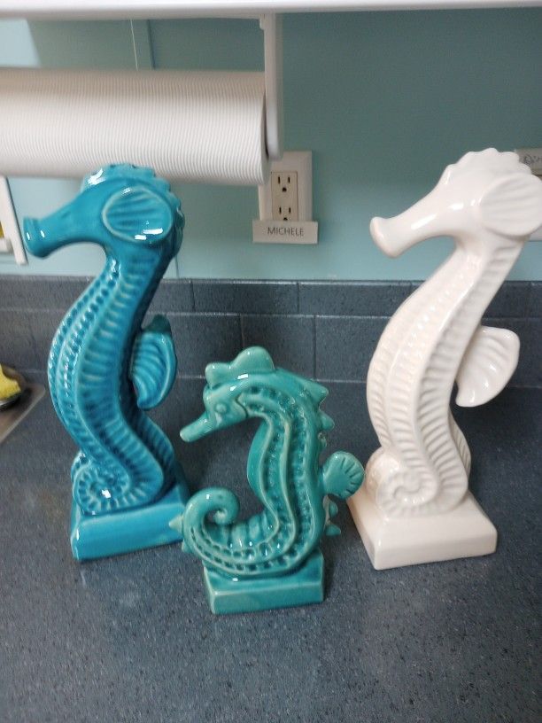 Set of 3 Ceramic Seahorse Statues  14 1/2" And 10 1/2" 