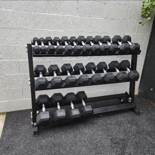 5-50lbs Rubber Hex Dumbells | Heavy-Duty Dumbell Rack Included | Gym Equipment | Fitness | Squat Rack | FREE DELIVERY 🚚 