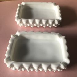 Pair Of Vintage Fenton White Milk Glass Hobnail Square Ashtray /Trinket Dish-4”