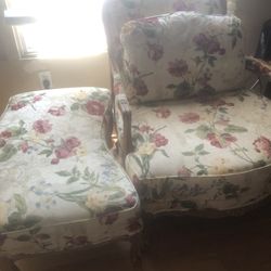 2 FLORAL ARM REST CHAIRS ONE WITH OTTOMAN