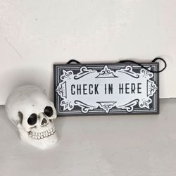 Halloween Decor Set Realistic Resin Skull and Check In Here Hanging Sign