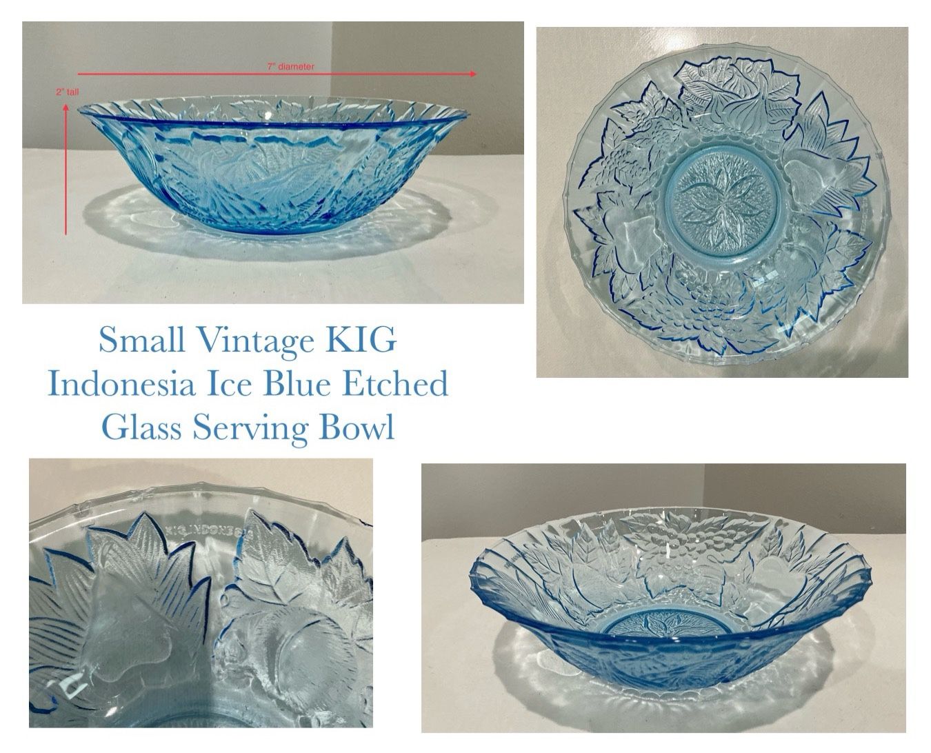 Small Vintage KIG Indonesia Ice Blue Etched Glass Serving Bowl