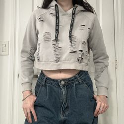 Emma & Sam Light Gray Distressed Cropped Hooded Sweatshirt Top