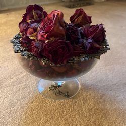 Beautiful glass bowl, the ring of roses is removable around the rim approximately 6 inches in height and 9 inches in diameter