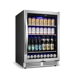 23.4 in. Single Zone 220 Plus Cans Beverage Cooler Built-in Refrigerator with 2-Door Handles in Silver Stainless Steel