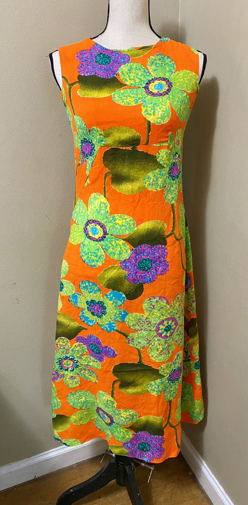 Vintage 90s Bright Orange Flower Power Floral Dress 60s Vibe Mod Sleeveless Maxi