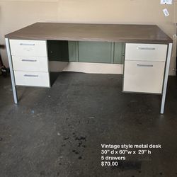 Vintage style metal desk, five drawers