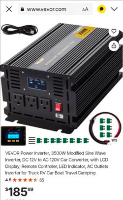 VEVOR Power Inverter, 3500W Modified Sine Wave Inverter, DC 12V to AC 120V Car Converter, with LCD Display, Remote Controller, LED Indicator, AC Outle