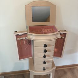 Vintage Style Beige Jewelry Armoire with Mirror, Drawers, and Side Compartments