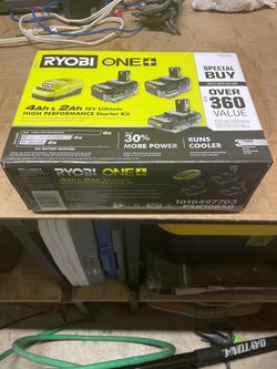 Two 4ah and one 2ah batteries with charger for Ryobi 18v One+ platform (unopened box)