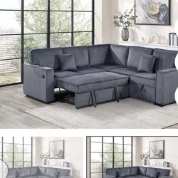 $550.  Sectional Pull Out Bed With Storage USB Cup Holder Available,I Ivory,Dark Gray,Corduroy