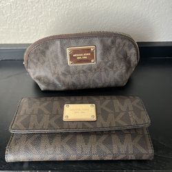 Michael Kors MK Brown wallet with check book and Makeup Bag