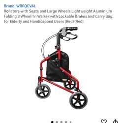 Rollator with Seats and Large Wheels,Lightweight Aluminium Folding 3 Wheel Tri Walker with Lockable Brakes for Elderly and Handicapped Users (Red) 