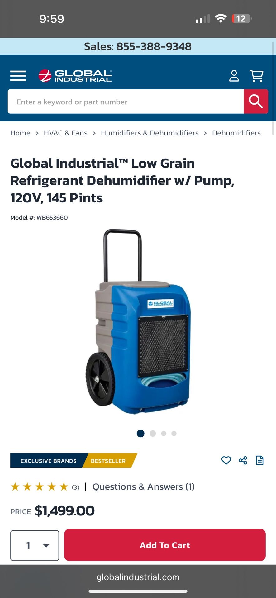 Brand New Global Industrial™ Low Grain Refrigerant Dehumidifier w/ Pump, 120V, 145 Pints