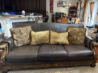 3 COUCHES , 2 SIDE CHAIRS , BAKERS RACK