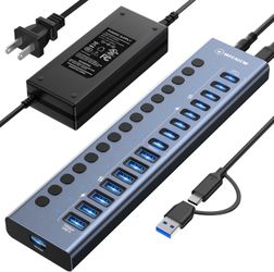 Powered USB 3.2 Hub, 16 Ports Powered USB Hub with 10Gbps Data Speed, USB Hub (8 USB-A 3.2 Ports+8 USB-C 3.2 Ports) with 96W Power Adapter for PC/Lapt