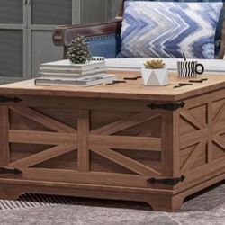 Farmhouse Coffee Table w/ Hinged Lift Top + Hidden Storage — Distressed Brown | New