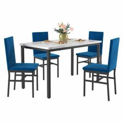 5 Piece Dining Table Set, Kitchen Table and Chairs Set for 4 with Faux Marble and 4 Velvet Upholstered Dining Chairs for Home, Restaurant, White & Blu
