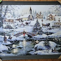 $55.00 - 32" Christmas Wall Art, NEW!  Gorgeous Winter Village Scene/Greyish Black Wood Frame/No Lights - Captivating Scene!