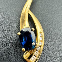 14k yellow gold Natural 0.75 Blue Oval Sapphire 0.15CTW Natural Diamond 16” Necklace