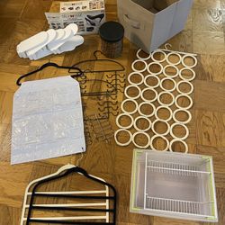 Bundle of Closet / Bedroom Organizers - All in excellent condition!  • Multi Pants Hangers  • Plastic Stackable Bins  • Pier One Scarf Hanger • Belt/ 