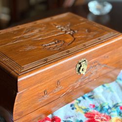Vintage Mid-Century-Japanese musical jewelry box Hand-Carved Camphor Wood Jewelry Box with Mt. Fuji Relief