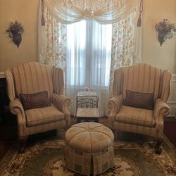 Two beautiful over sized chairs and ottoman 