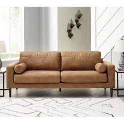 Tan Faux Leather Mid Century Couch