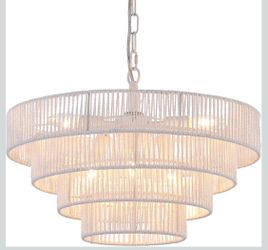 Stunning White HandWoven Rattan Coastal 4 Round Minimalist Boho Pendant Light - 6-Lights 20"