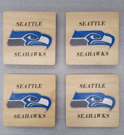 4" x 4" x 1/4" Square Wood Coasters, Laser Burned, Hand Painted Sports Team (set of 4)