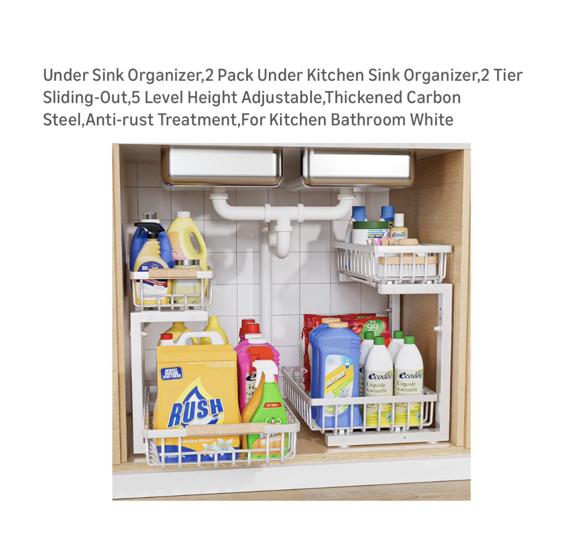 Brand new 2 Pack Under Kitchen Sink Organizer,2 Tier Sliding-Out,5 Level Height Adjustable,Thickened Carbon Steel,Anti-rust Treatment,For Kitchen Bath