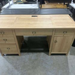Executive Desk with File Drawers Cabinet Farmhouse Wood Home Office Desk with Charging Station, Keyboard Tray for Study, Writing, Nautral Oak