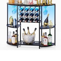 JKsmart Wine Bar Cabinet with LED Lights, Mini Wine Bar Cart with Storage and Glass Holder, Home Bar Coffee Bar for Liquor, 3-Tier Bar Table for Kitch