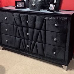 Black Velvet Dresser W/ Acrylic Crystal Knobs Brand New In Box 