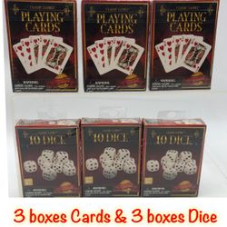 3 packs of playing cards and 3 boxes of dice