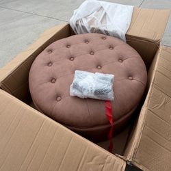 Wovenbyrd Large Round Pintucked Storage Ottoman, Lift-Off Lid - Almond Brown 