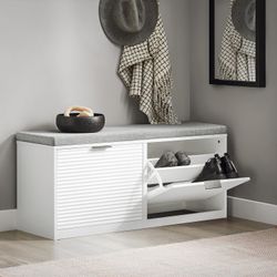 SoBuy Shoe Storage Bench with 2 Flip-Drawers & Padded Seat Cushion, Hallway Bench Shoe Cabinet Entryway Shoe Bench,White
