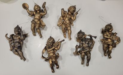 Lot of 6 Vintage Gold Plastic Cherub Angel Christmas Ornaments 5" Musician
