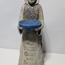 Vintage 14.5" St. Francis of Assisi Concrete Garden Statue Bird Bath Bless All Creatures