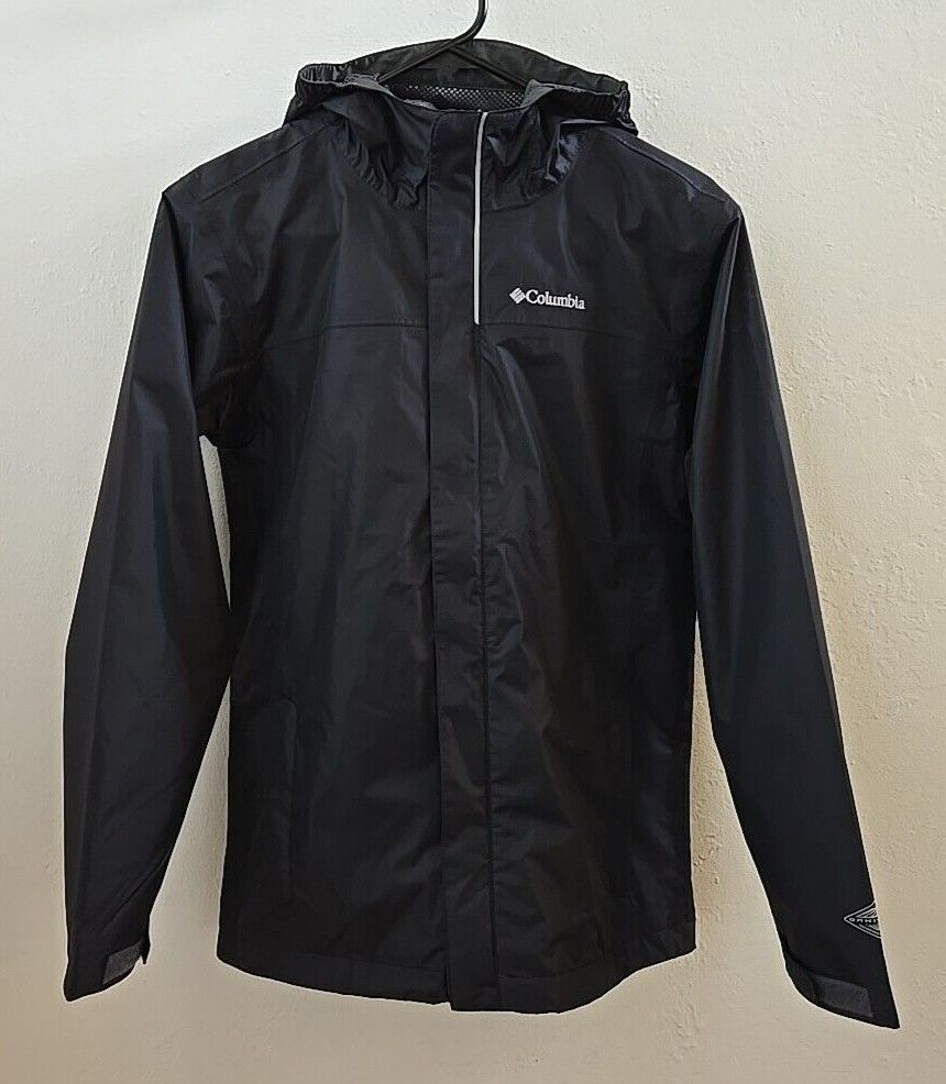 Columbia Omni-Tech Waterproof Breathable Zip Up Black Jacket with Hoodie Windbreaker Youth Kids Children's Size L Large Top Coat