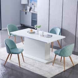 Homy Casa Quinby 5 Piece Dining Table Set 81” High Gloss Extensional White Table with 4 Zomba Velvet Aqua Upholstered Chairs