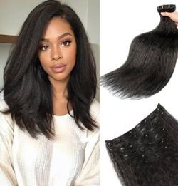 Kinky Straight Clip in Hair Extensions 110g 6Pcs Protein Fiber