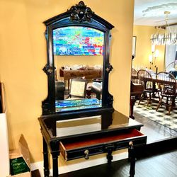 Amazing Antique Victorian Gothic Carved Dark Wood Desk, Mirror, and Chair - Amazing!