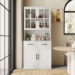 71" H X 31.5"W Kitchen Pantry With Bookcases, Glass Door Kitchen Hutch