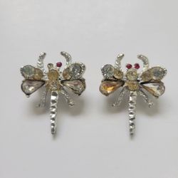 Vintage Brooch Pin  Dragonfly Glass Rhinestone 1.25” Unsigned. One of the Brooches is missing a stone. Set Of 2